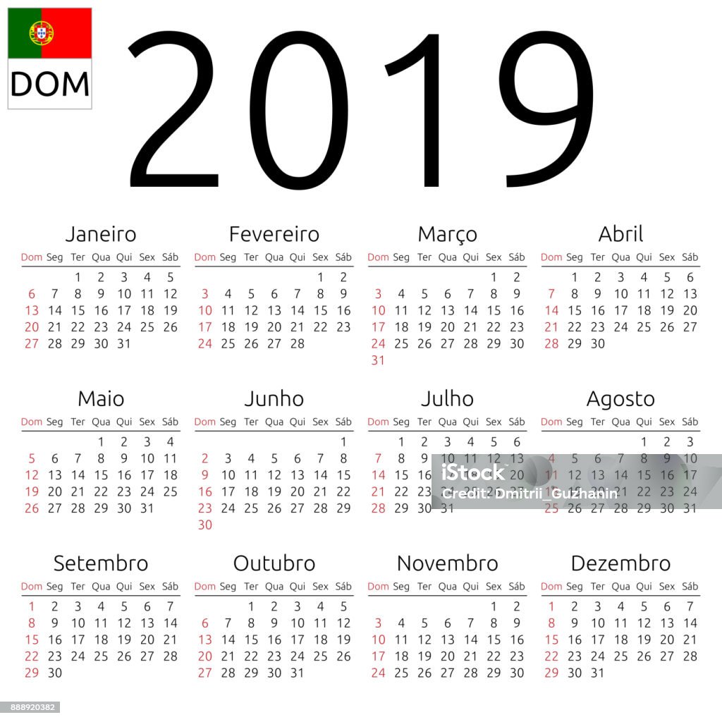 Calendar 2019, Portuguese, Sunday Simple annual 2019 year wall calendar. Portuguese language. Week starts on Sunday, Brazil. Sunday highlighted. No holidays highlighted. EPS 8 vector illustration, no transparency, no gradients 2019 stock vector