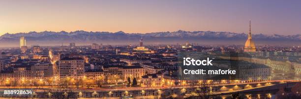 Turin Italy Cityscape At Sunrise With Details Of The Mole Antonelliana Of Torino Stock Photo - Download Image Now