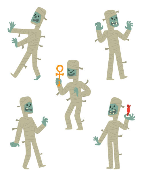 Set of funny mummies Vector set of cartoon images of funny mummies in white bandages, with different actions and emotions on a white background. Halloween. Vector illustration. egyptian demons stock illustrations
