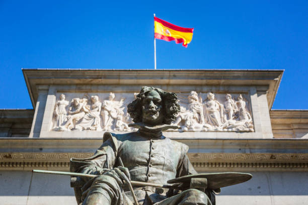The Prado Museum facade at the Diego Velaszquez memorial. Established in 1819, the museum is considered the best collection of Spanish art and one of the world's finest collections of European art.