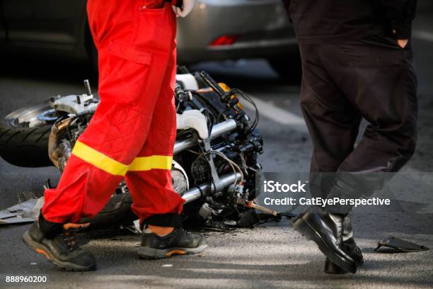Crashed Motorcycle After Road Accident With A Ca Stock Photo - Download Image Now - Motorcycle, Crash, Police Force