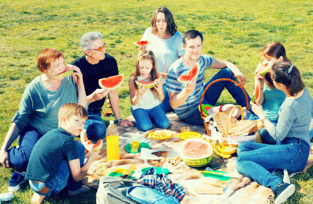 istock Cheerful family sitting and talking on picnic 888960840