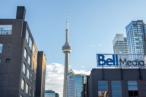 Picture of the Headquarters of Bell Media in Toronto, Ontario, Canada, with the iconic CN Tower in the background. Bell Media is the mass media subsidiary of BCE, also known as Bell Canada Enterprises. Its operations include television broadcasting and production, radio broadcasting, digital media and Internet properties