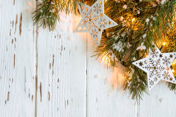 istock Christmas snowy background. Fir branches with burning garland 888976786