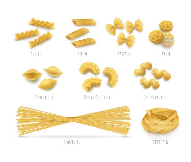 Set macaroni, realistic style Pasta pattern seamless, realistic style. Background of Italian flour products. Vector illustrations fetuchini, spaghetti, cannelloni, farfalle concept carbohydrate food type stock illustrations