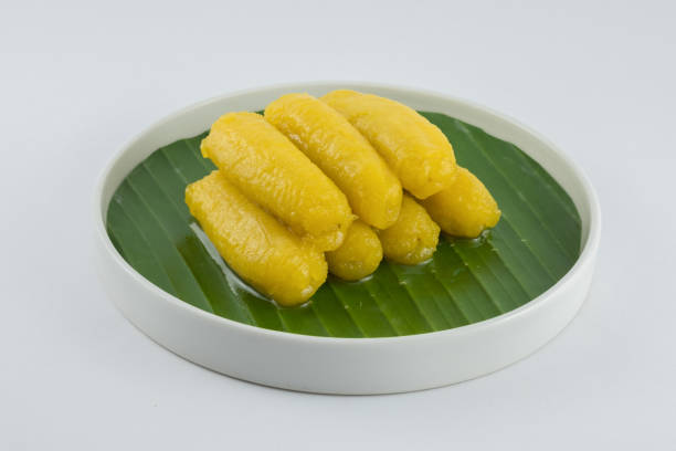 istock Preserved banana in syrup, Thai style, served on a white background. 888988200