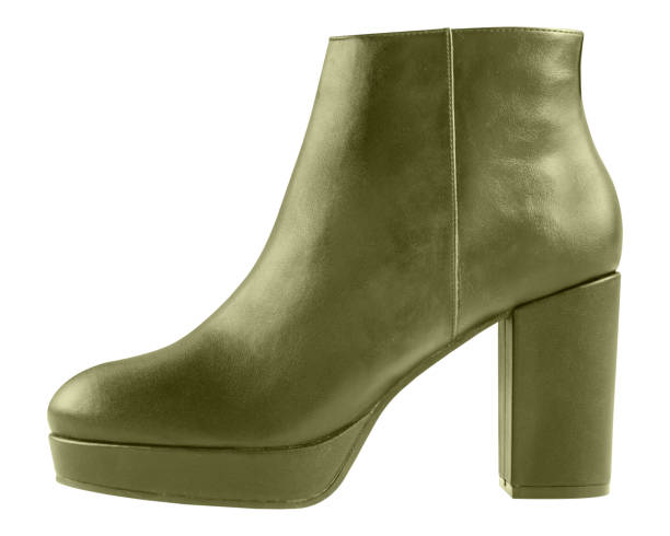 istock Khaki woman winter leather ankle platform thick heels boots isolated on white 888988416