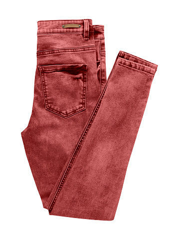 Red denim jean side folded pack shot isolated white