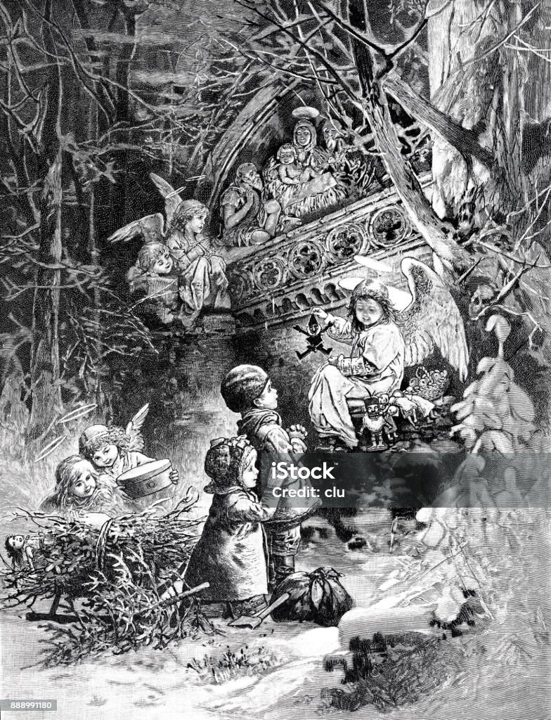 Christmas eve: fairy tale night in the forest - kids and angels Illustration from 19th century Engraved Image stock illustration