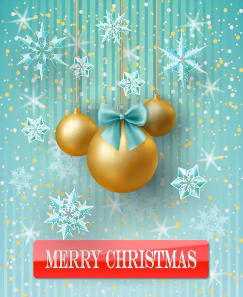 Vector illustration of Merry Christmas card with blue snowflakes and gold balls on a blue