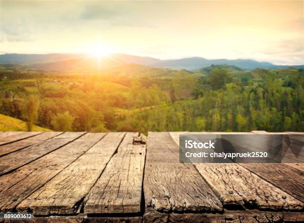 Table Top And Blur Nature Of The Background Stock Photo - Download Image Now - Table, Wood - Material, Mountain