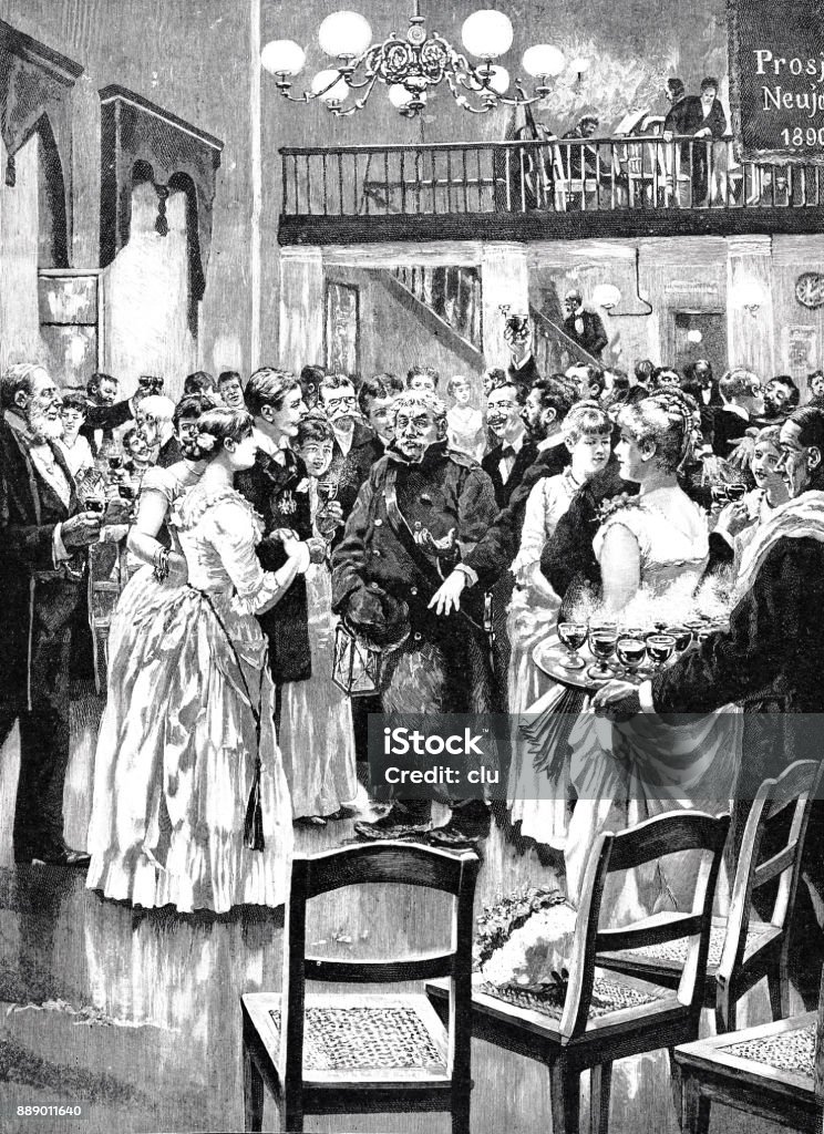 People celebrate at New Year's Eve ball Illustration from 19th century 1889 stock illustration