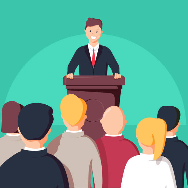 Business conference, business meeting. Man at rostrum in front of audience. Public speaker Business conference, business meeting. Man at rostrum in front of audience. Public speaker giving a talk at conference hall. Orator at tribune concepts. Modern flat design vector illustration president illustrations stock illustrations