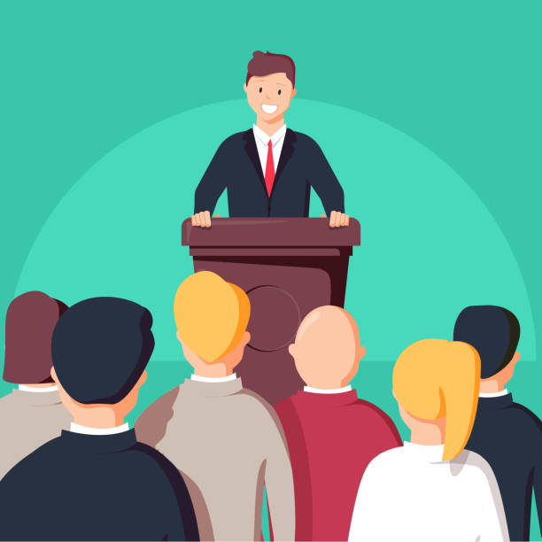 Business conference, business meeting. Man at rostrum in front of audience. Public speaker Business conference, business meeting. Man at rostrum in front of audience. Public speaker giving a talk at conference hall. Orator at tribune concepts. Modern flat design vector illustration man at podium stock illustrations