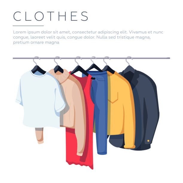 illustrations, cliparts, dessins animés et icônes de masculin et féminin des vêtements sur cintres, illustration vectorielle isolée sur fond blanc. articles vestimentaires pour se bloquer sur une étagère - clothing closet hanger dress