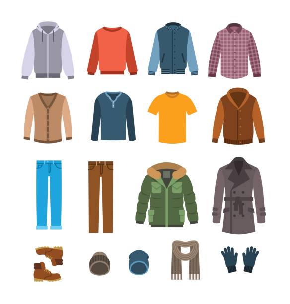 ilustrações de stock, clip art, desenhos animados e ícones de warm casual clothes for men vector icons - on top of illustrations