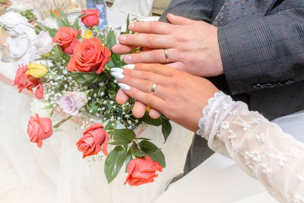 istock newlyweds hands with wedding rings. Bride and groom 889026830