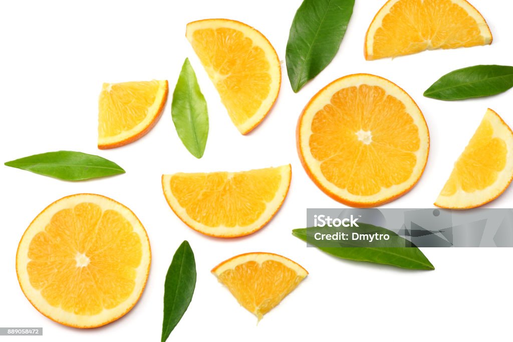 healthy food. sliced orange with green leaf isolated on white background top view Orange - Fruit Stock Photo
