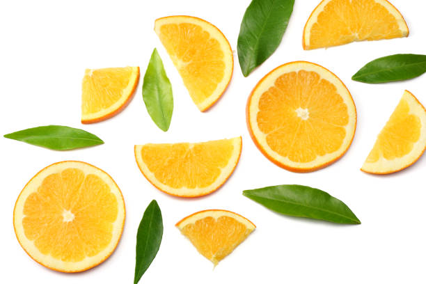 healthy food. sliced orange with green leaf isolated on white background top view - orange slices imagens e fotografias de stock