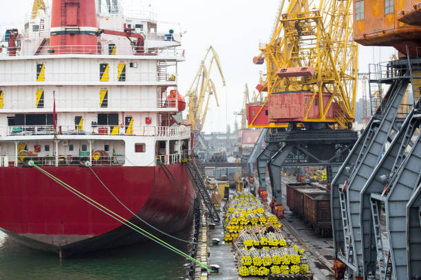 istock Vessel dry cargo on loading, unloading in port. Bulker in port. port terminal. Vessel Balker on loading pipes. Many pipes in port terminal 889058850