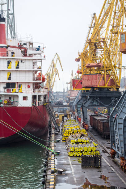 istock Vessel dry cargo on loading, unloading in port. Bulker in port. port terminal. Vessel Balker on loading pipes. Many pipes in port terminal 889058892