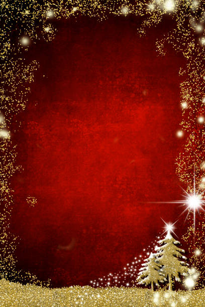 Christmas greetings cards, abstract freehand drawing of fir tree with golden glitter, red grunge background with copy space, vertical image.