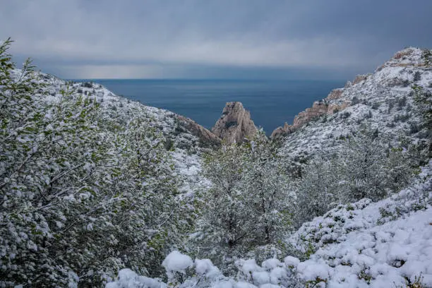 Calanques National Park, Snowy Summit Landscape and Sea in The Background