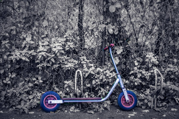 Step scooter in color with black and white background : missing child or amber alert