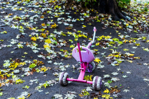Empty pink tricycle in autumn leaves at playground