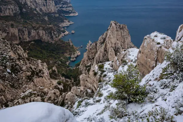 Calanques National Park, Snowy Summit Landscape and Sea in The Background