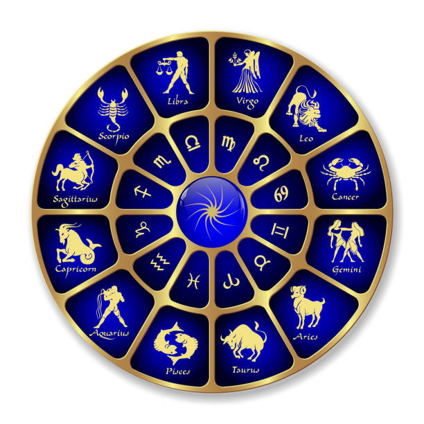 illustrazioni stock, clip art, cartoni animati e icone di tendenza di cerchio oroscopo al neon blu. cerchio con segni zodiacali. vettore - fortune telling astrology sign wheel sun