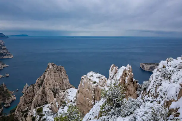 Calanques National Park, Snowy Summit Landscape and Sea in The Background