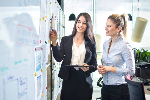 istock Business woman having a presentation in front of white board. 889071802