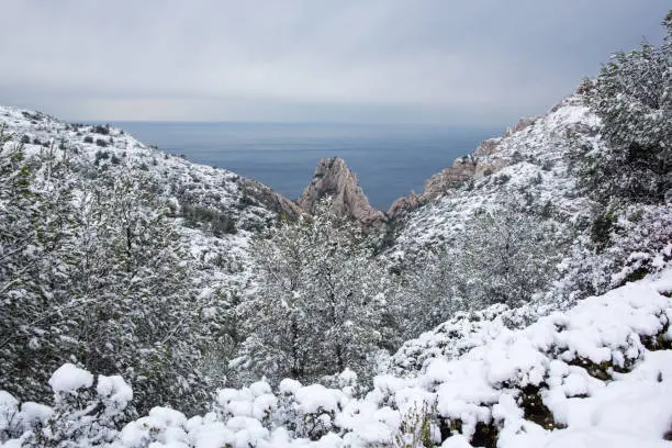 Calanques National Park, Snowy Summit Landscape and Sea in The Background