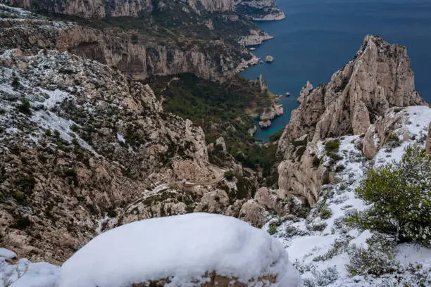 Calanques National Park, Snowy Summit Landscape and Sea in The Background