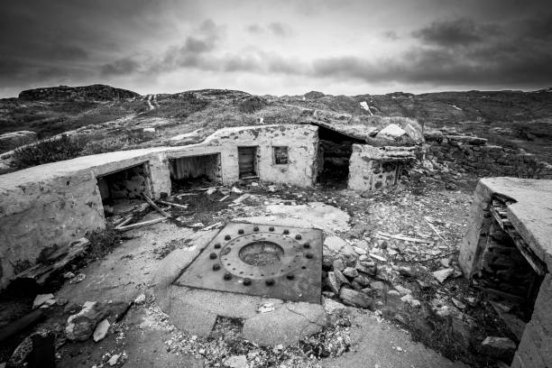 View on military bunker of ww2 on Barents sea shoreline