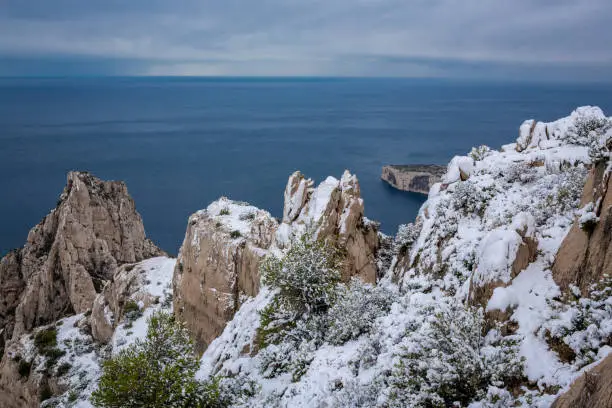 Calanques National Park, Snowy Summit Landscape and Sea in The Background