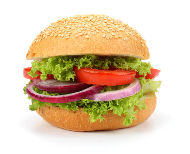 istock bbq hamburger with vegetables, spices isolated on white background 889077252