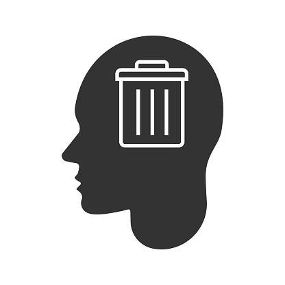 Human head with trashcan inside glyph icon. Vector silhouette