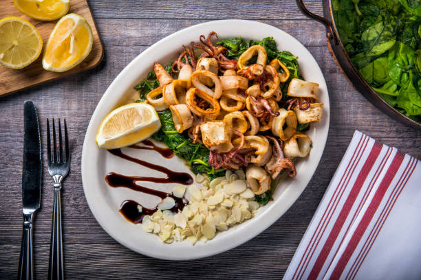 Fried Calamari with spinach / Food photography (Click for more)