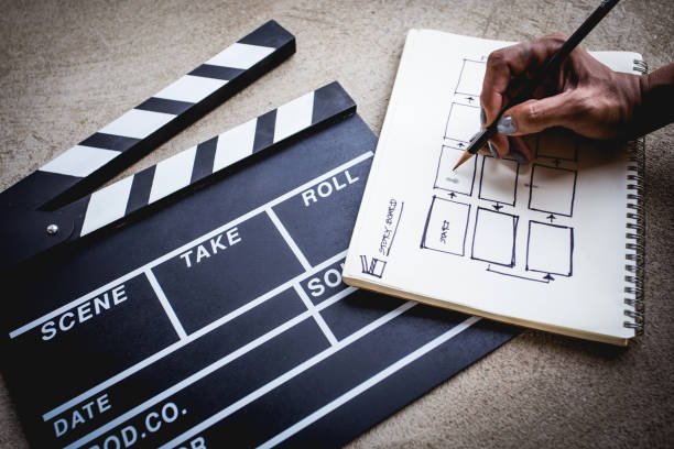 istock Hand with clapperboard with sketchbook for writing storyboard 889086602