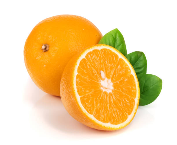 istock Orange with slice with leafs isolated on the white background 889089700