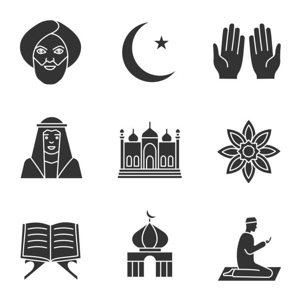 иконы исламской культуры - silhouette back lit built structure shrine stock illustrations
