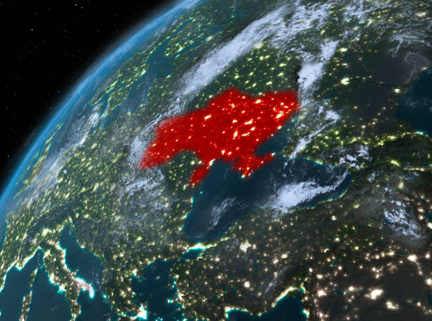 istock Ukraine on planet Earth in space at night 889090046