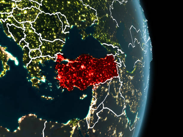 istock Orbit view of Turkey at night 889095054