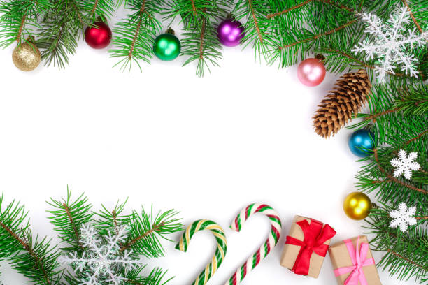 istock Christmas background decorated with balls isolated on white with copy space for your text. Top view 889095270