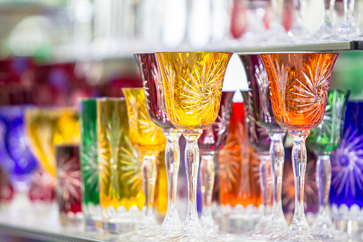 Wine glasses of Bohemian glass in the shop, Prague, Czech Republic