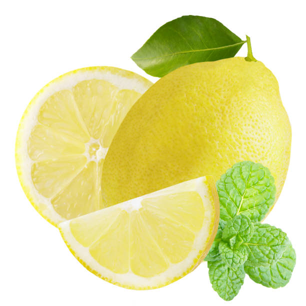 One lemon with slices and mint isolated on white