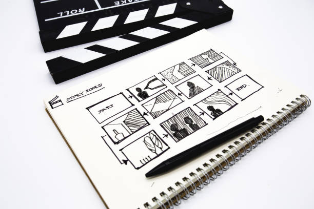 clapperboard with sketchbook for writing storyboard on white background