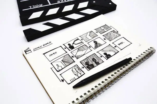 Photo of clapperboard with sketchbook for writing storyboard on white background